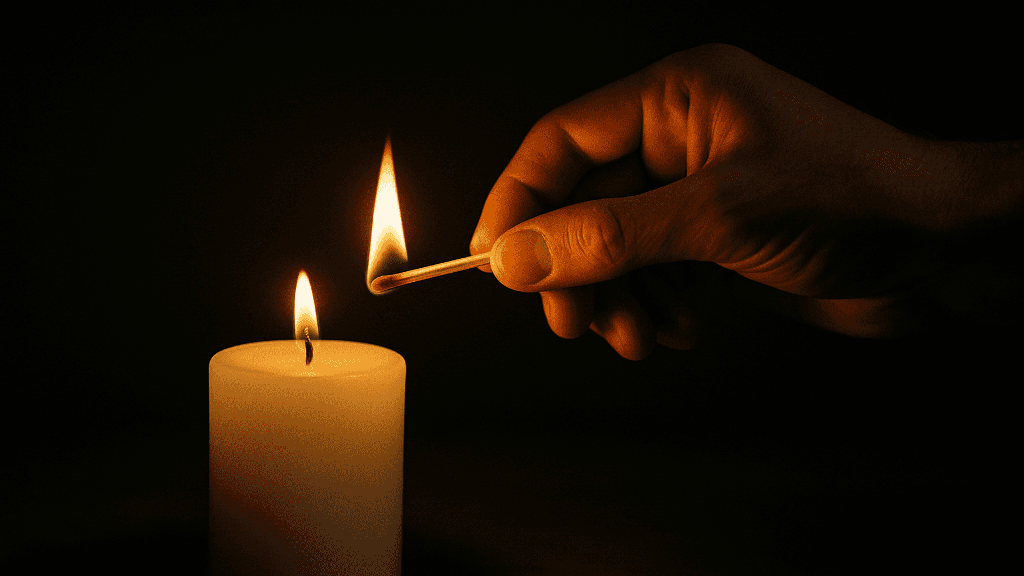 Una mano con un fiammifero accende una piccola candela, in una stanza buia.