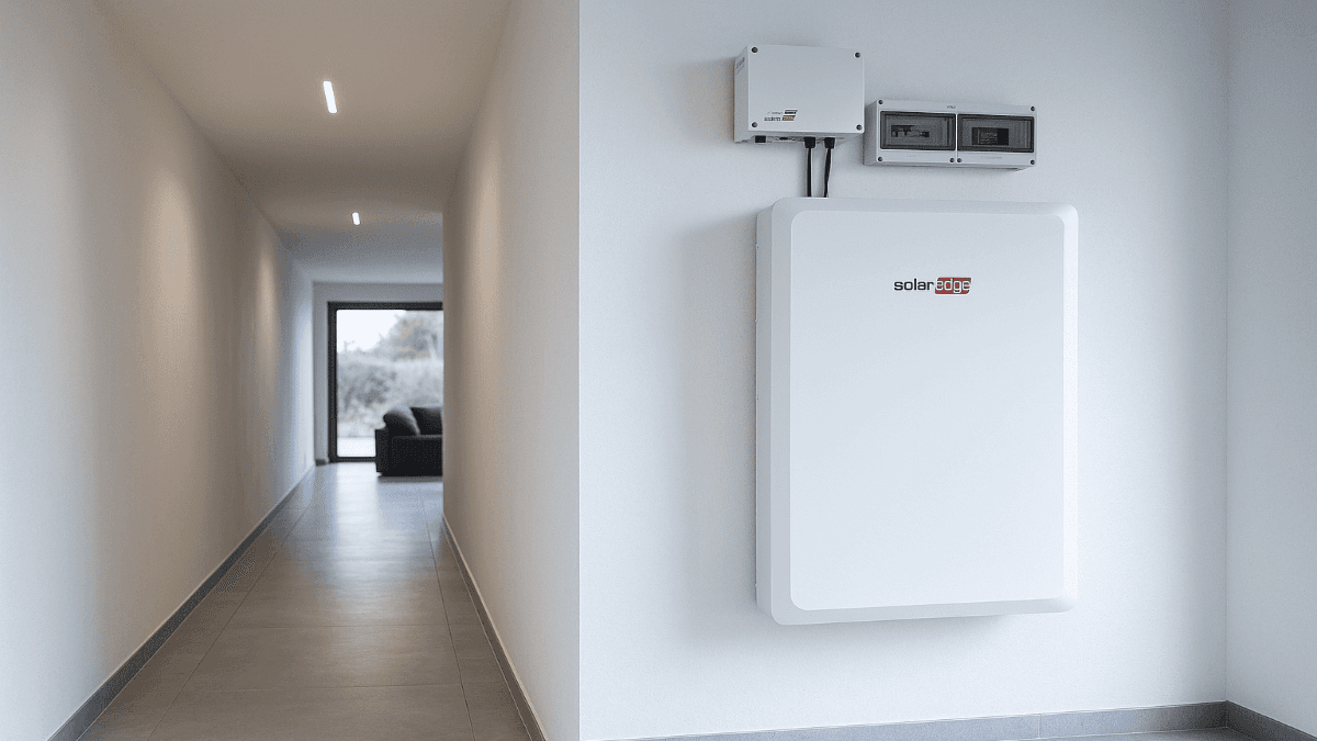 Simulazione di un sistema di accumulo lg da 10 kW installato sulla parete bianca di una villa.