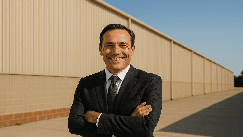 Un imprenditore sorridente e vestito elegante, in piedi con le braccia conserte davanti ad un capannone, in una giornata soleggiata.