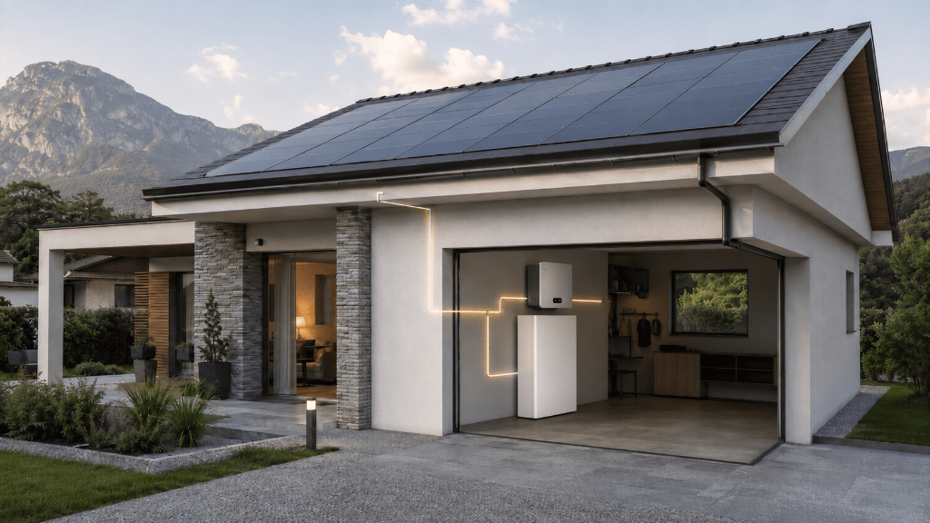 Casa moderna con impianto fotovoltaico. Il garage dell'abitazione è aperta e si vede il sistema di accumulo. Nella foto ci sono delle linee che rappresentano il passaggio di energia in casa. 