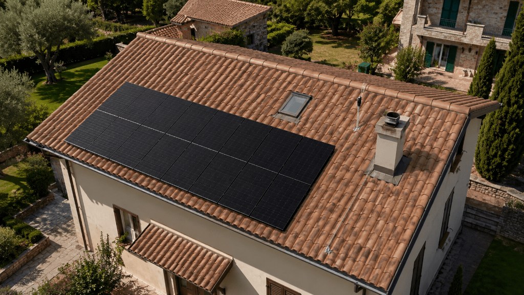 Fotovoltaico 6 kW: costo con e senza accumulo, produzione e risparmio 1 casa con fotovoltaico vista aerea Vista aerea di una casa con fotovoltaico
