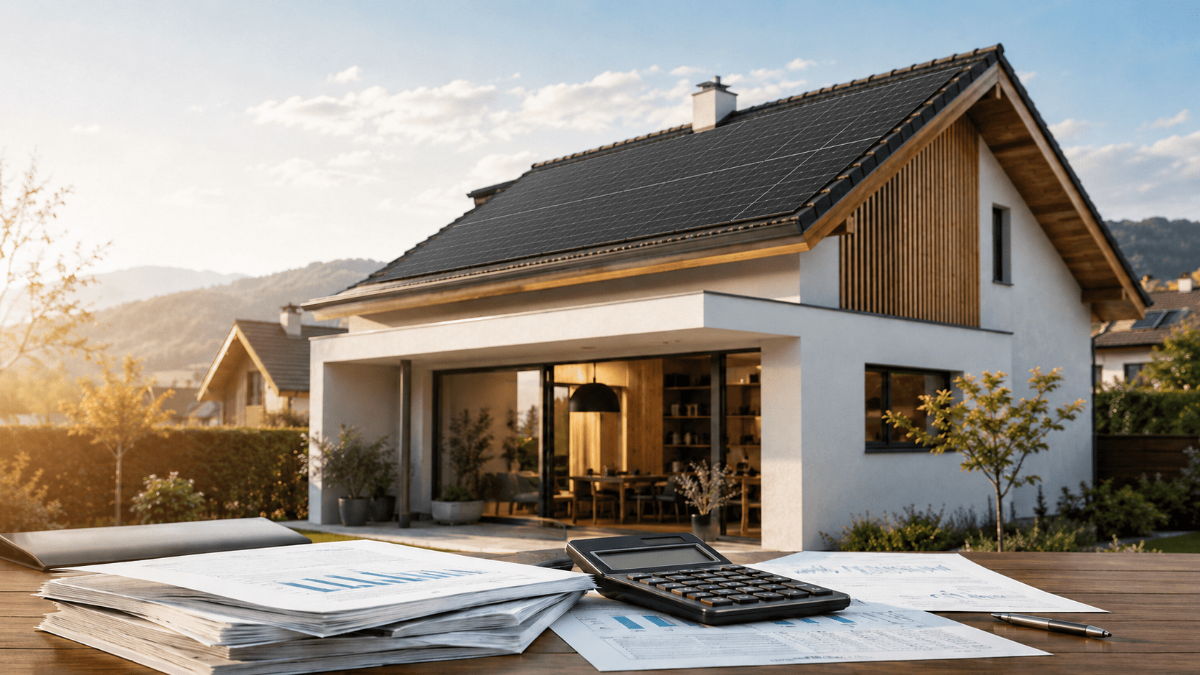 Una abitazione estremamente moderna, con impianto fotovoltaico. Nel giardino c'è un tavolo con appoggiati documenti ed una calcolatrice.
