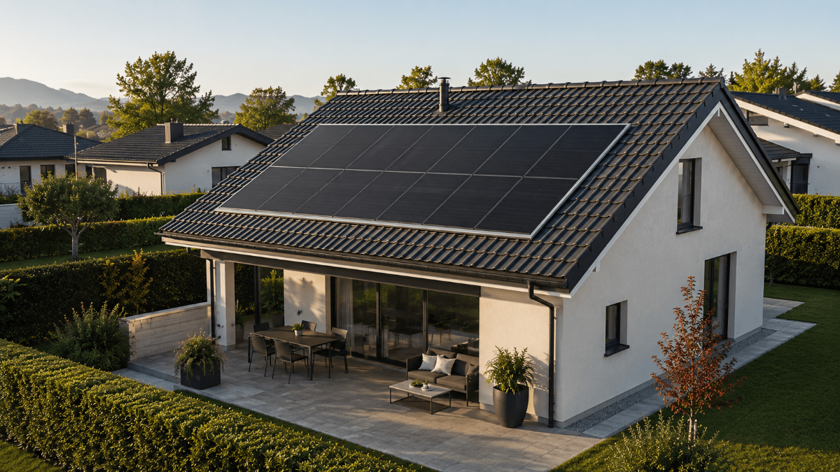 Villetta moderna con impianto fotovoltaico da 14 pannelli installato sul tetto inclinato.