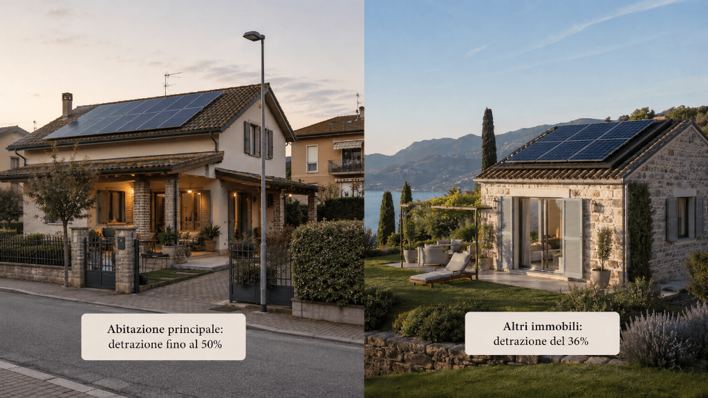 Due diverse abitazione con impianti fotovoltaici. Sulla sinistra un impianto in un contesto urbano, a destra una casa fronte mare. 