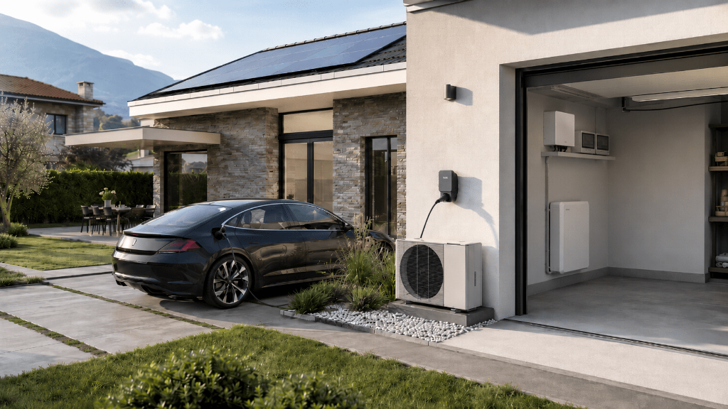 Casa con fotovoltaico, batteria, pompa di calore e auto elettrica collegata alla wallbox