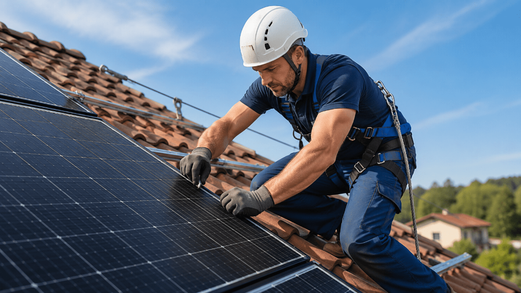 Fotovoltaico 6 kW: costo con e senza accumulo, produzione e risparmio 2 installatore fotovoltaico su tetto Tecnico specializzato controlla l’installazione di pannelli fotovoltaici sul tetto di un’abitazione.