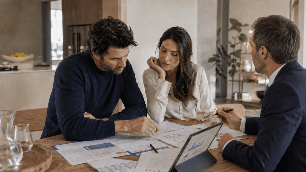 Una coppia &egrave; seduta al tavolo del proprio salotto e visiona un'analisi fatta da un consulente. 