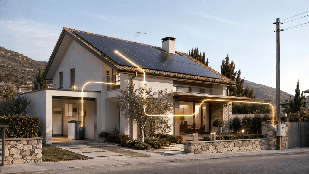 Casa con impianto fotovoltaico che mostra energia usata in casa, accumulata e immessa nella rete.