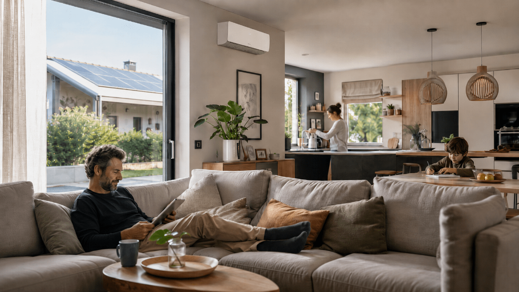 Una famiglia nel salotto di casa propria durante un momento tranquillo e di relax. 